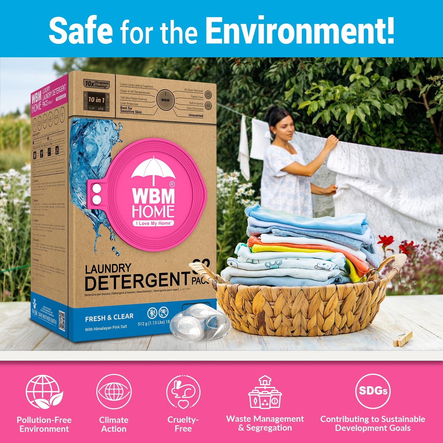 WBM Home Laundry Detergent Pods, 32 Count | Fresh & Clear Unscented | Laundry Pods 10x Ultrapower Cleaning With Color Protection and Eco-Friendly