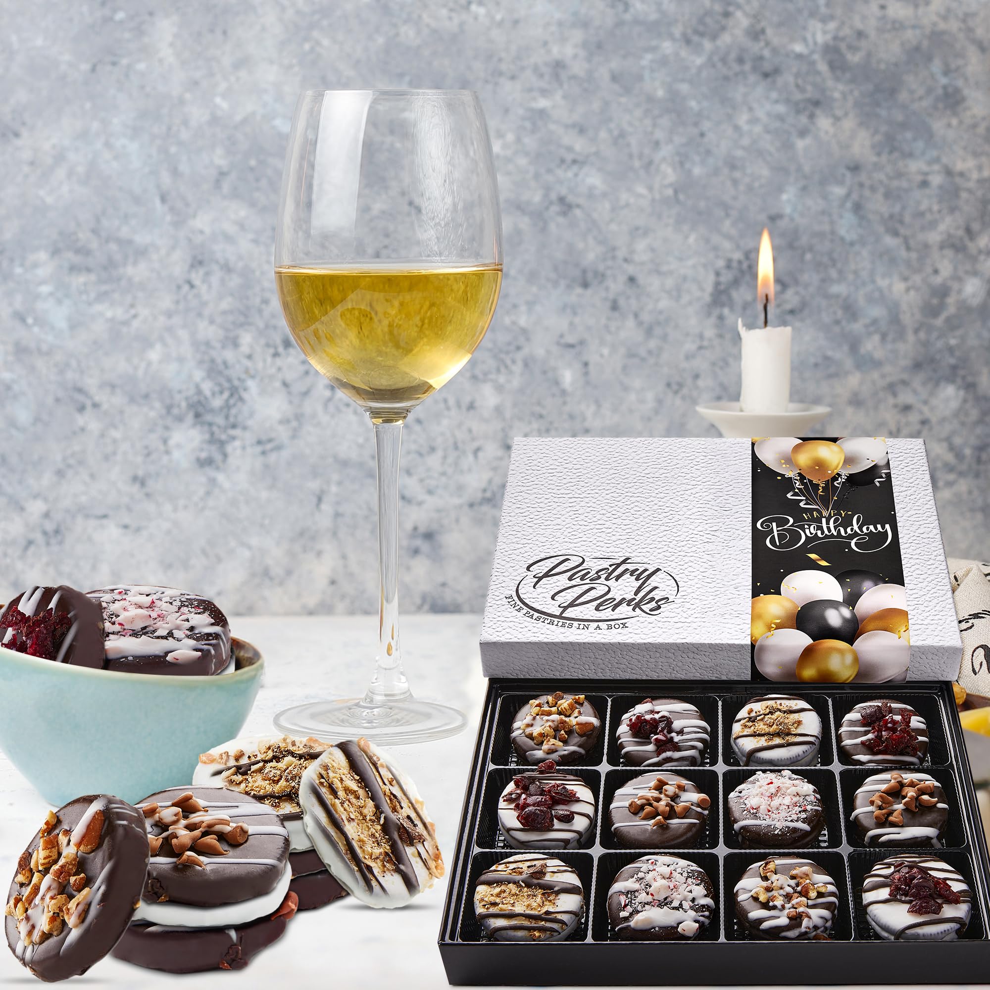 Pastry Perks Happy Birthday Gift Basket -12 Gourmet Chocolate-Covered Cookies, -Delicious Celebration Treats for Men, Women, and Grandma - Holiday