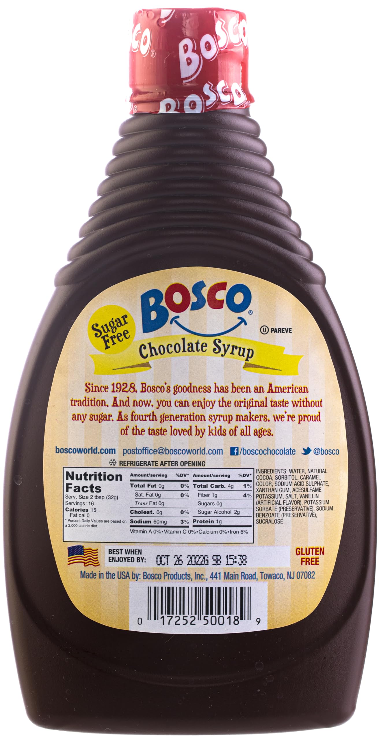 Bosco Sugar Free Chocolate Syrup 18oz | Fat Free, Gluten Free, Made with Natural Cocoa