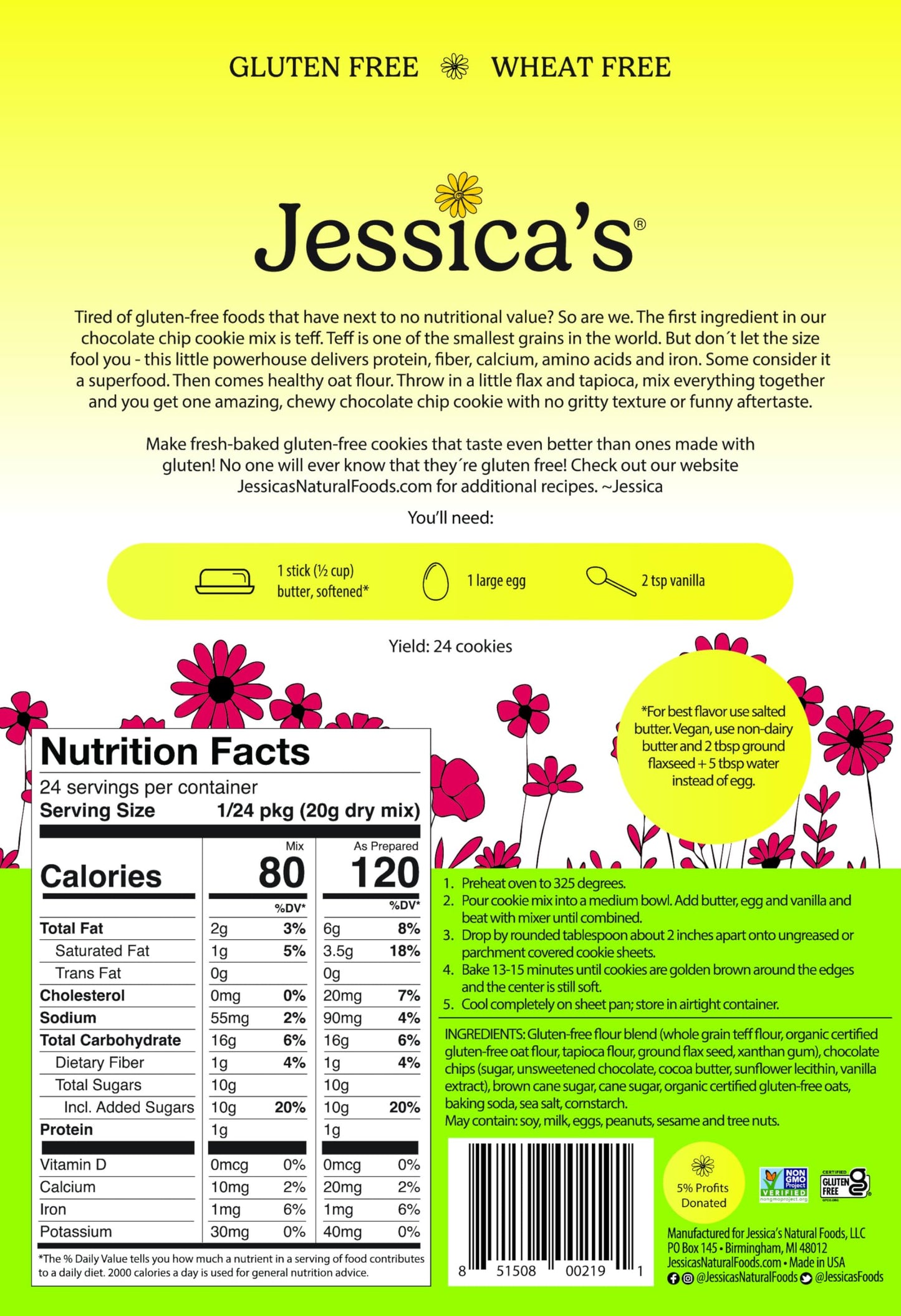 Jessica’s Natural Foods - Gluten-Free Chocolate Chip Cookie Mix Made with the Ancient-Grain Teff and Wholesome Oat Flour, Non-GMO, and Gluten Free, 3 Per Pack