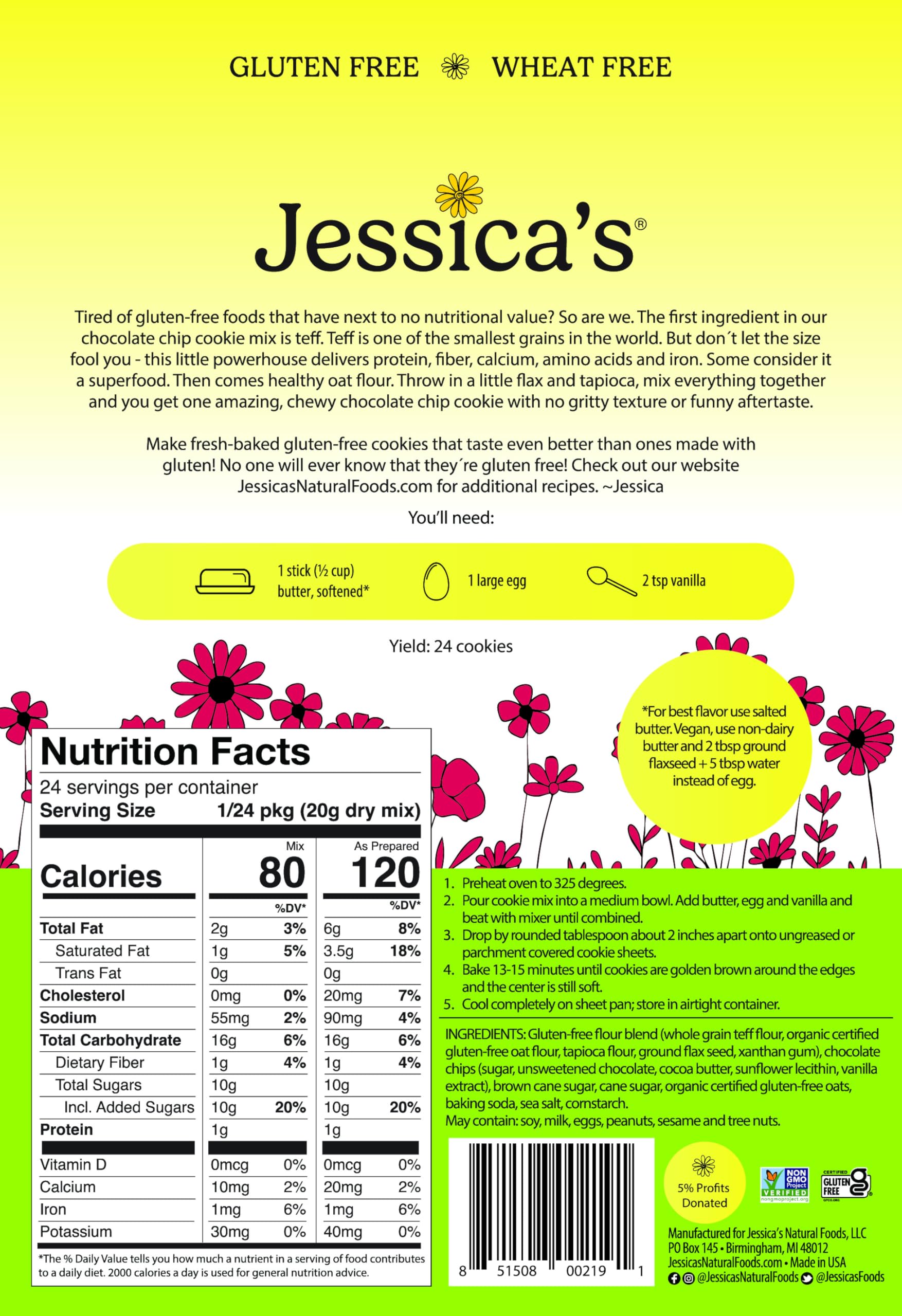 Jessica’s Natural Foods - Gluten-Free Chocolate Chip Cookie Mix Made with the Ancient-Grain Teff and Wholesome Oat Flour, Non-GMO, and Gluten Free, 3 Per Pack