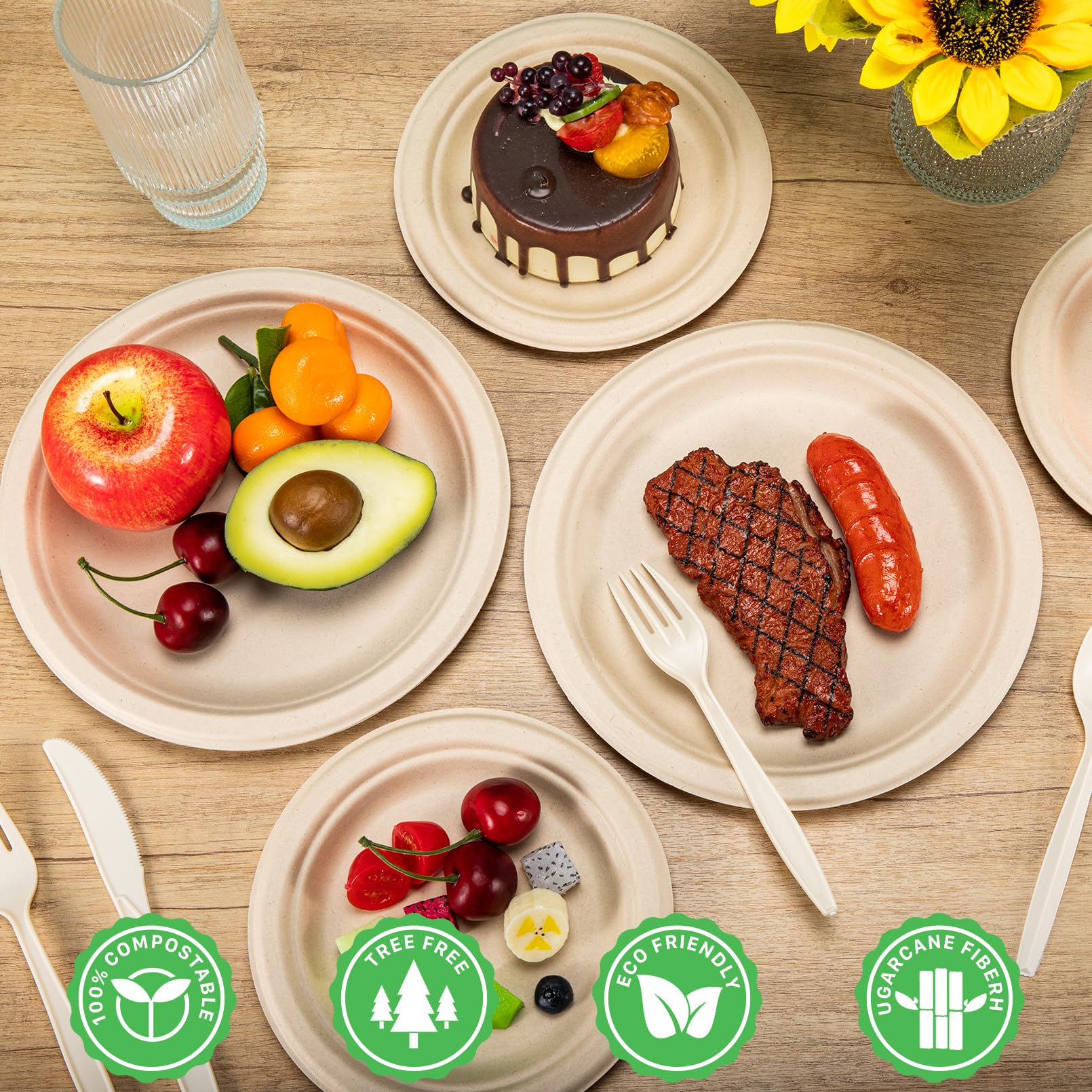 Tivcck 250 PCS Compostable Paper Plates Set,Compostable Plates Sugarcane Utensils,Disposable Dinnerware Set,Include Biodegradable Plates,Extra Long