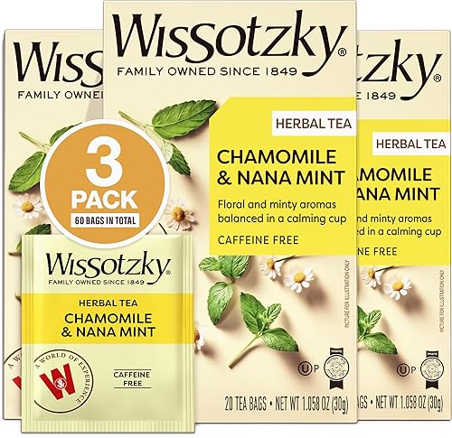 Wissotzky Chamomile Tea with Nana Mint, Herbal Tea (3 Pack - 60 Tea Bags) | Caffeine Free | Soothing Blend | Sleep Support