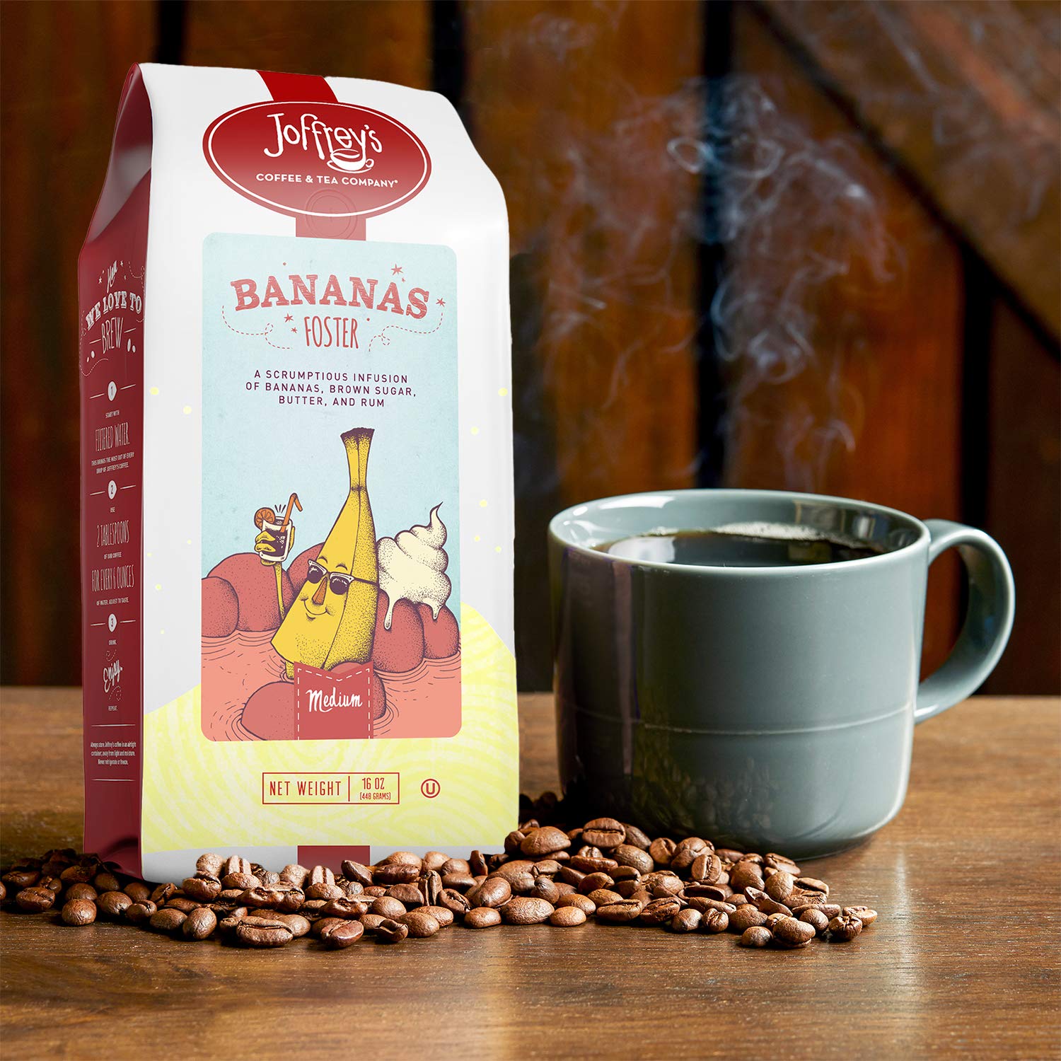 Joffrey's Coffee - Bananas Foster, Flavored Coffee, Artisan Medium Roast, Arabica Beans, Banana, Brown Sugar, Butter, & Rum Flavor, Gluten-Free, No