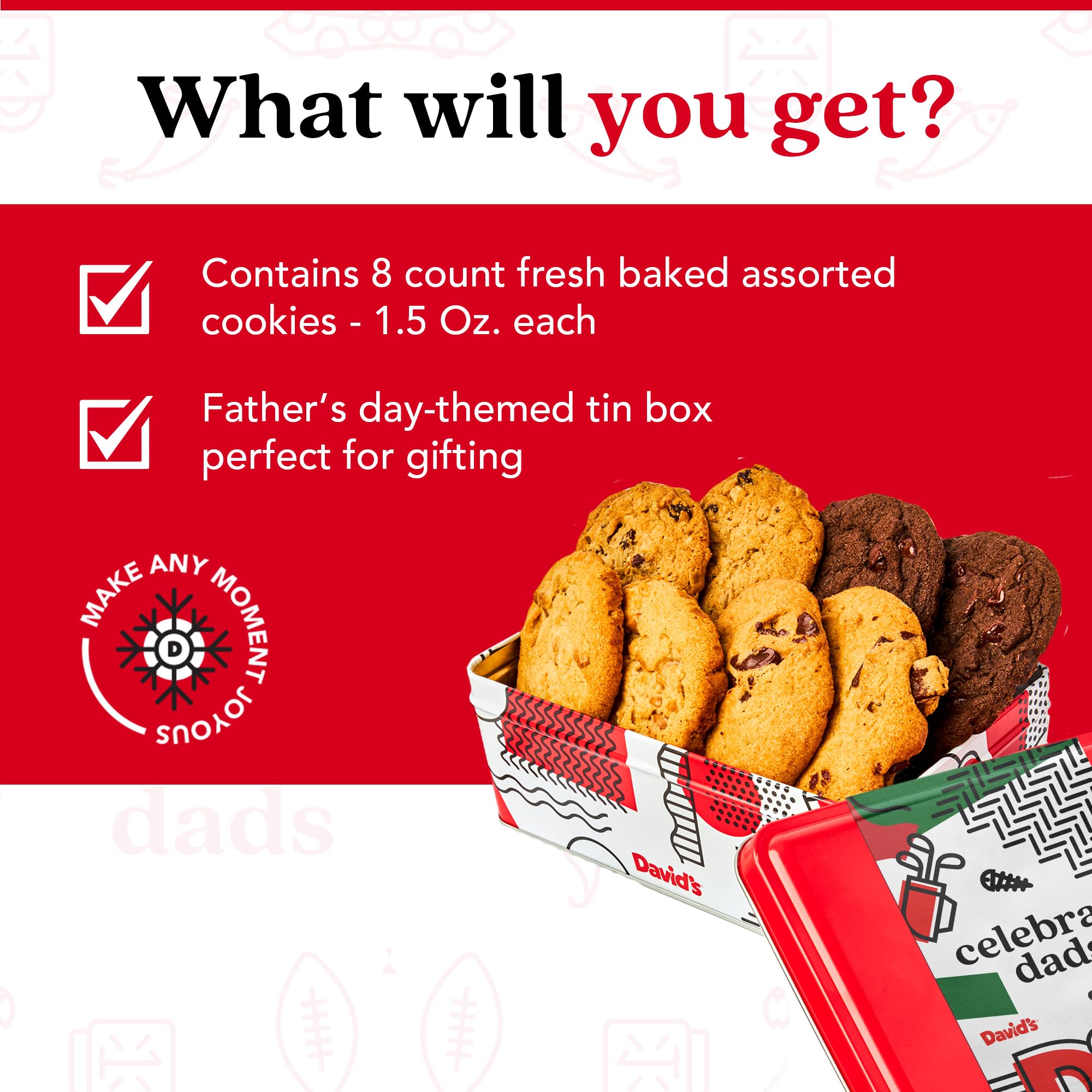 David’s Cookies Father's Day Assorted Fresh Baked Cookies In Sweet Sampler Tin - Chocolate Chunk, Peanut Butter Chip, Double Chocolate Chunk & Oatmeal