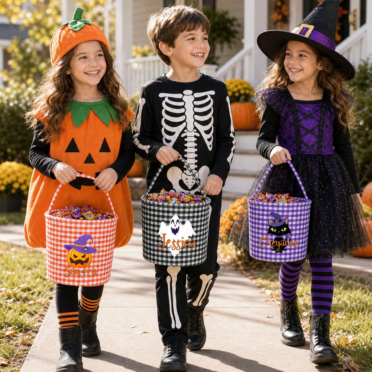 Magic Lunar Personalized Halloween Trick or Treat Bag with Name, Custom Candy Basket, Costume Ghost Bat Pumpkin Bucket, Gift Goodie Bags for Kids