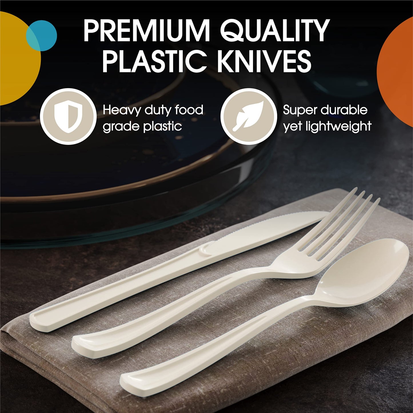 Party Solids Ivory Plastic Knives 100 Pieces Ivory Knives Disposable Utensils Heavy Duty Plastic Cutlery Set Disposable Cutlery Sets Flatware Sets