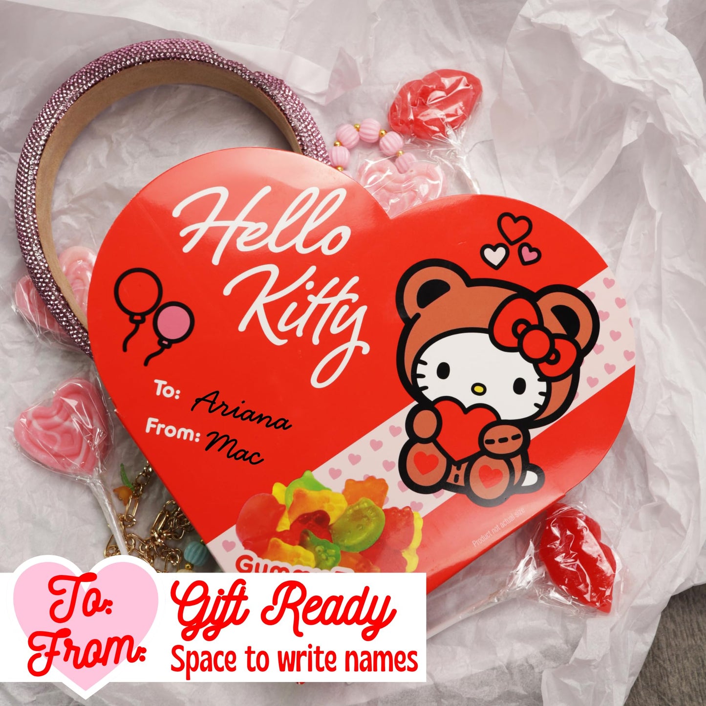 Hello Kitty Valentine's Heart Box, Gummy Fruit Flavored Candy Inside, To/From Section for Gifting, 5 Ounces