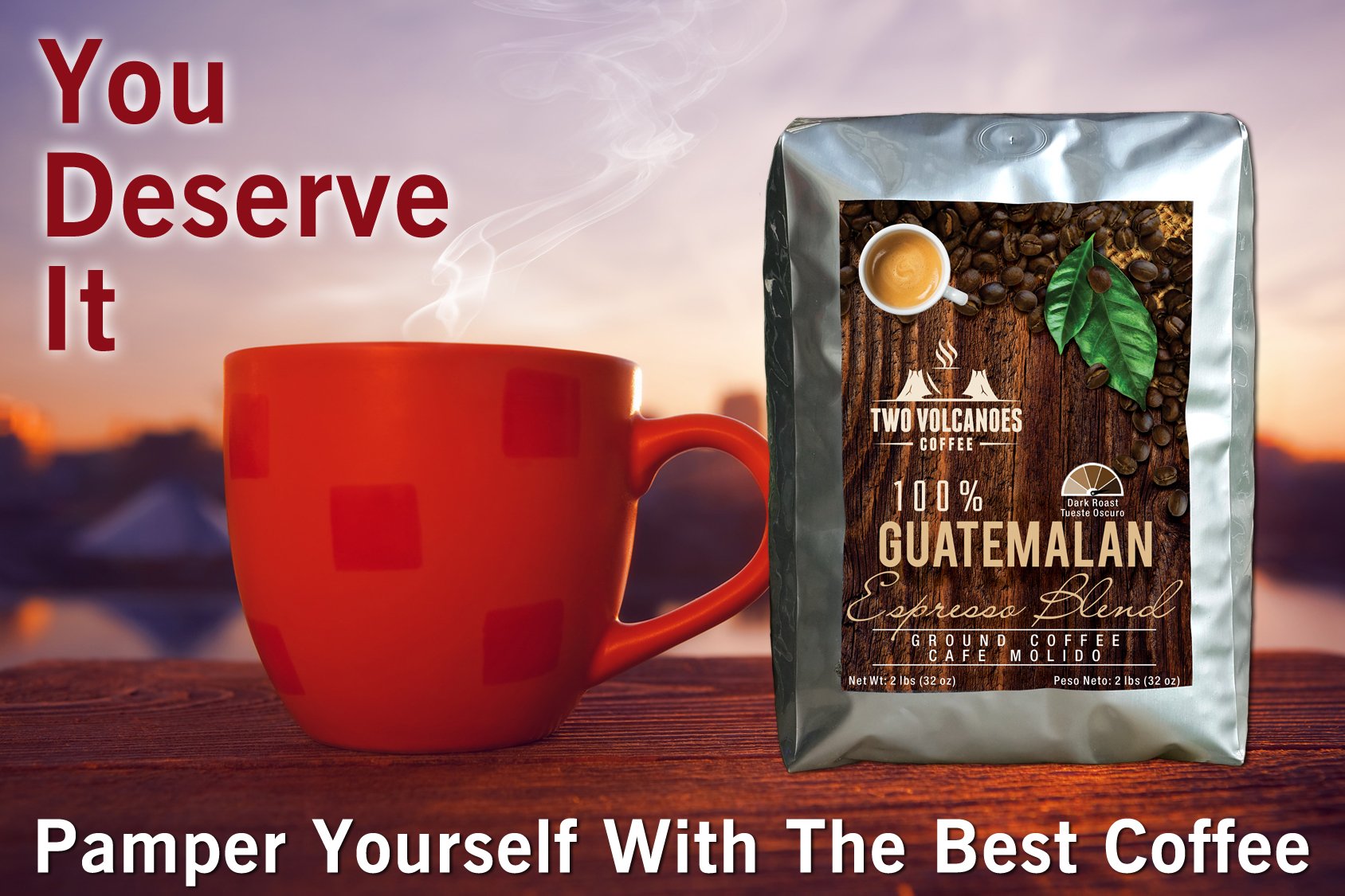 Two Volcanoes Ground Coffee - Dark Roast Espresso Blend - 2 lb bag - Guatemala Delicious Gourmet Coffee. Great for French Press. Get The Kick, Enjoy
