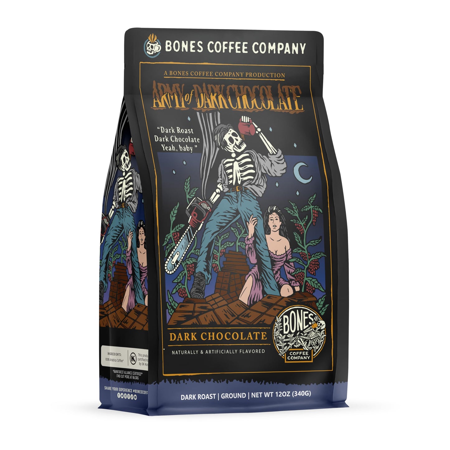 Bones Coffee Company Army of the Dark Chocolate Flavored Coffee, Medium Roast Low Acid Arabica Beans Compatible with Auto drip and French Press Coffee