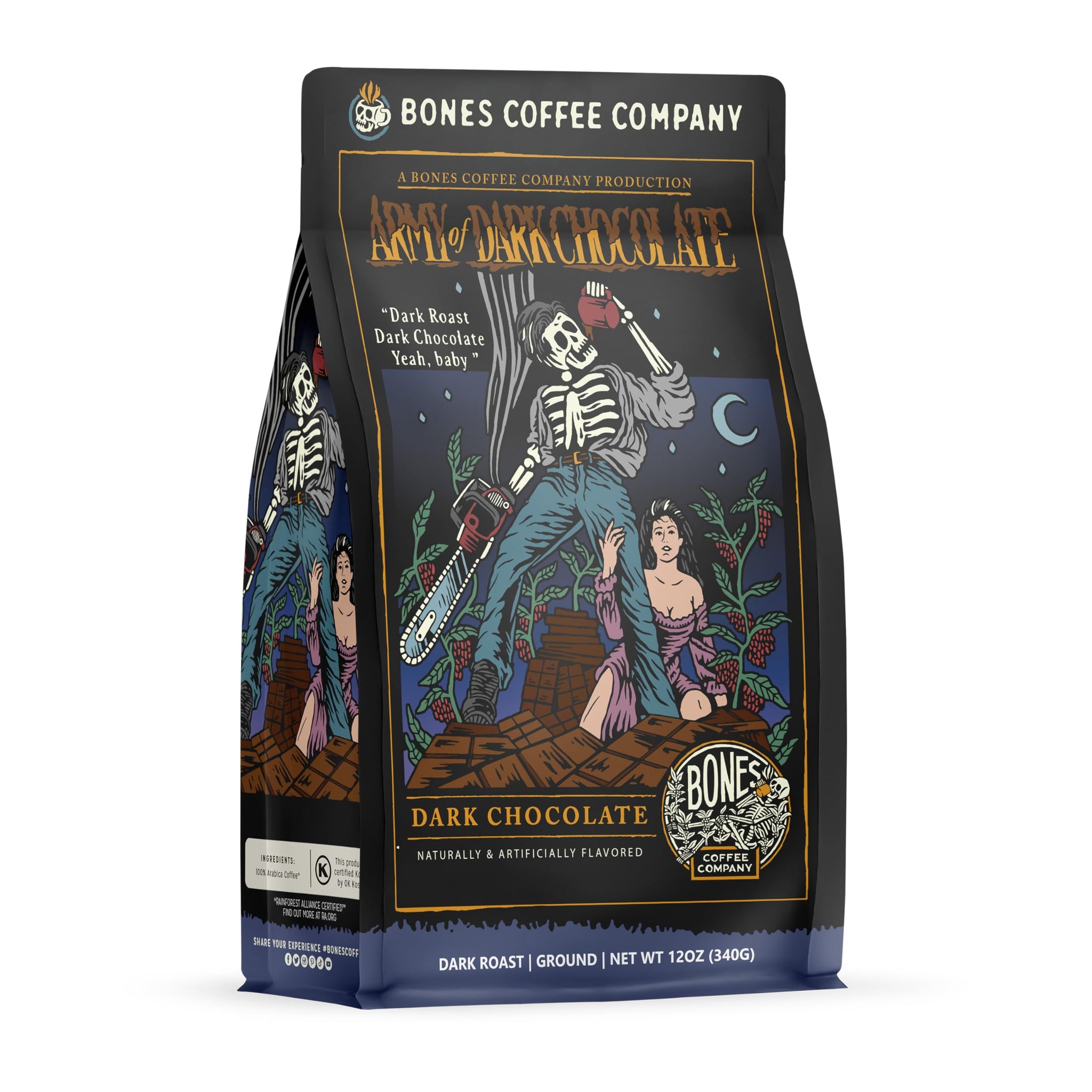 Bones Coffee Company Army of the Dark Chocolate Flavored Coffee, Medium Roast Low Acid Arabica Beans Compatible with Auto drip and French Press Coffee