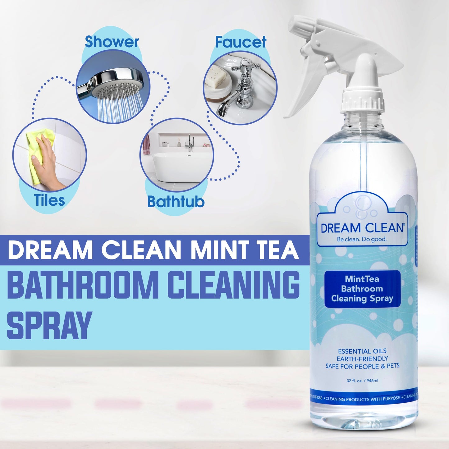 DREAM CLEAN MintTea Bathroom Cleaning Spray - Biodegradable and Cruelty-Free Formula for Showers, Tubs, Sinks & More, Spearmint & Tea Tree Essential