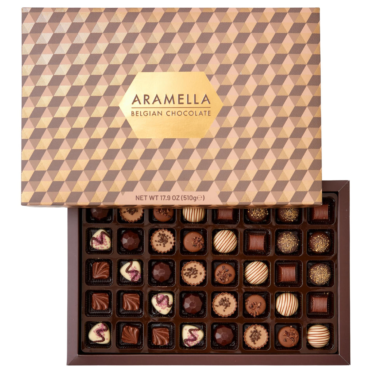 Aramella - 40 Piece Belgian Chocolate Assortment - Brown Gift Box With Gift Bag (17.9oz / 510g)