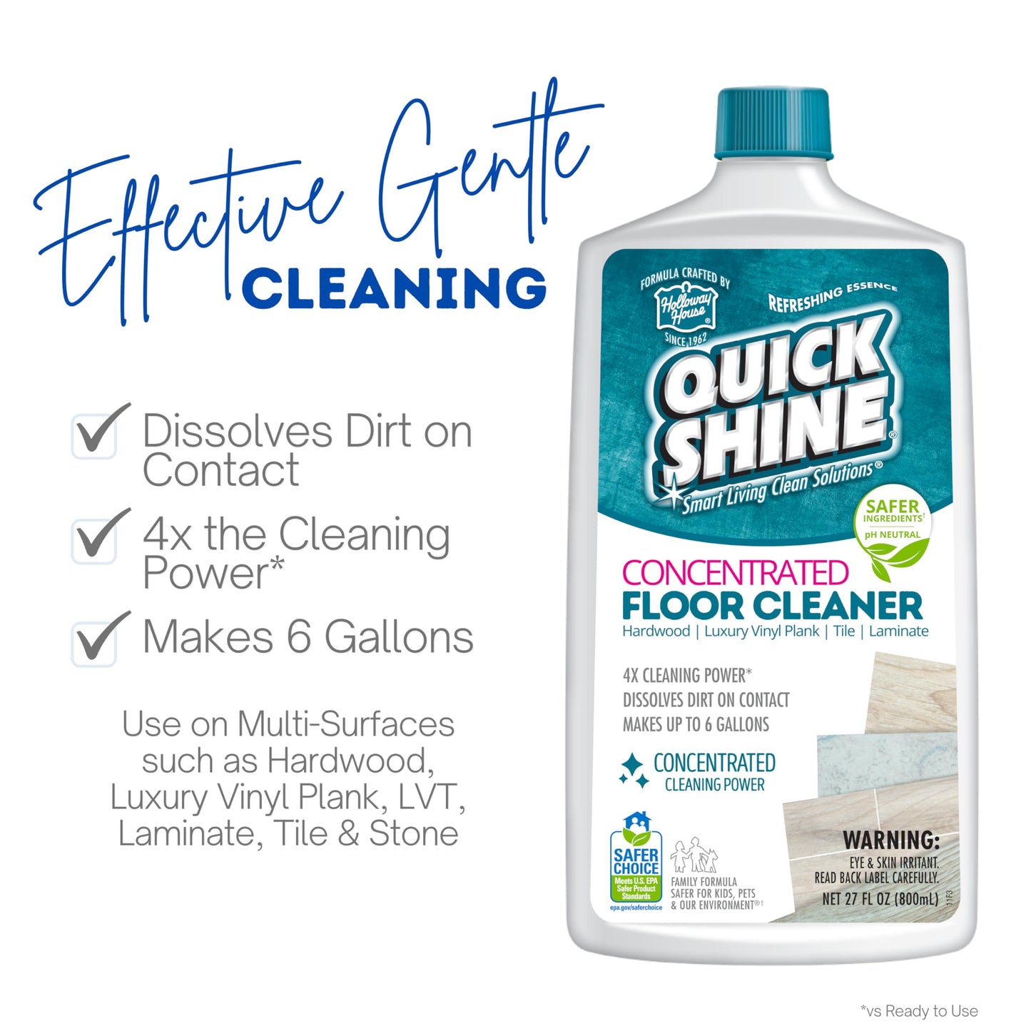 Quick Shine Multi Surface Concentrated Floor Cleaner 27oz Use on Hardwood, Laminate, Luxury Vinyl Plank LVT, Tile & Stone Dirt Dissolving & Powerful