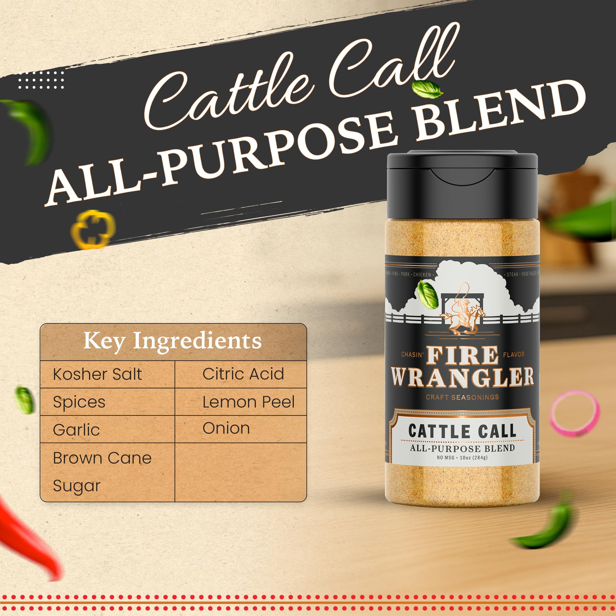 FIRE WRANGLER “Cattle Call” All-Purpose Seasoning Blend - Premium Coarse Salt, Pepper, Garlic, Citrus, Herbs & Spices - Versatile Rub for Beef