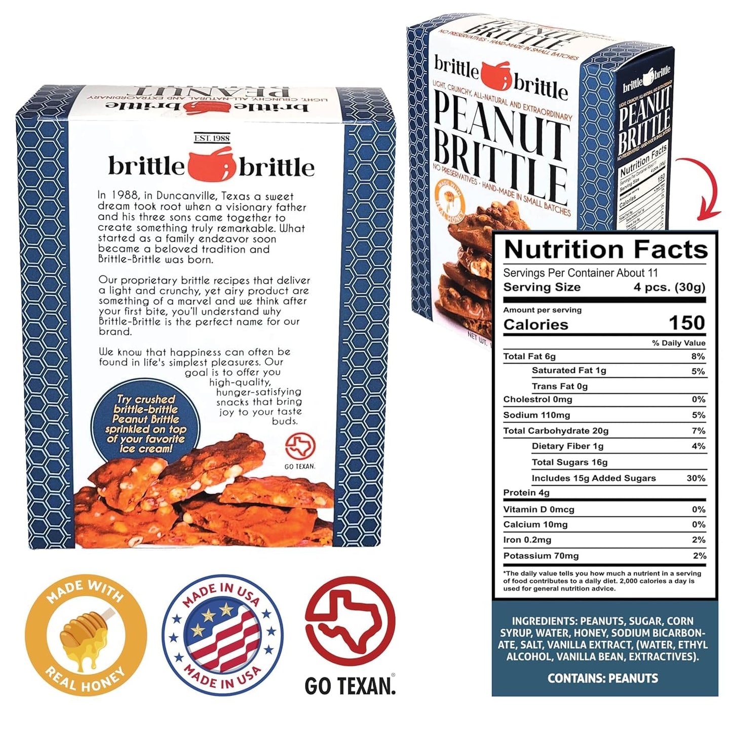 brittle-brittle Peanut Brittle Candy, Handmade Old Fashioned Peanut Brittle Made with Honey (0.75 Pound)