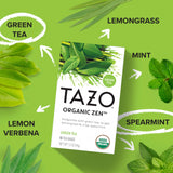 TAZO Organic Zen Green Tea, Caffeinated Tea with Refreshing Lemongrass & Spearmint, 16 Total Bags
