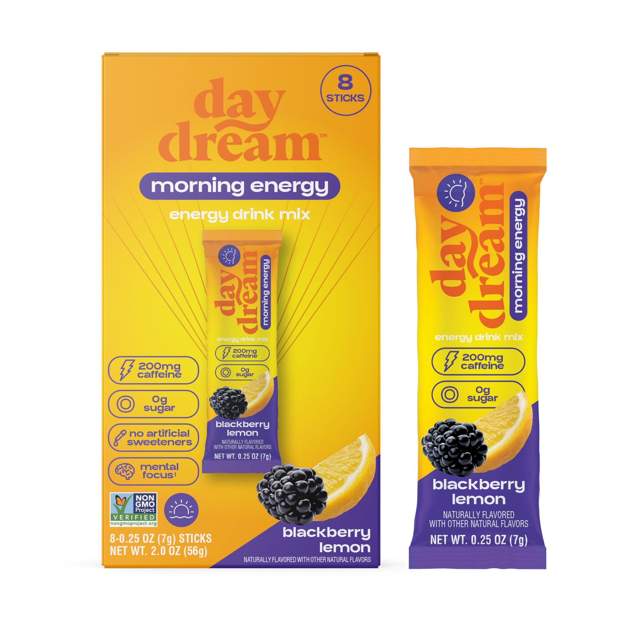 Day/Dream Morning Energy Drink Mix - Blackberry Lemon, 200mg Natural Caffeine from Green Tea, Guarana, and Yerba Mate, L-Citrulline, L-Arginine