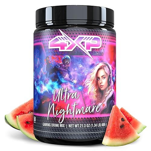4XP Ultra Nightmare Watermelon Gaming Energy Drink Mix| Low-Caffeine Nootropic Powder with B Vitamins & Watermelon Flavor for Gamers | 50-Serving