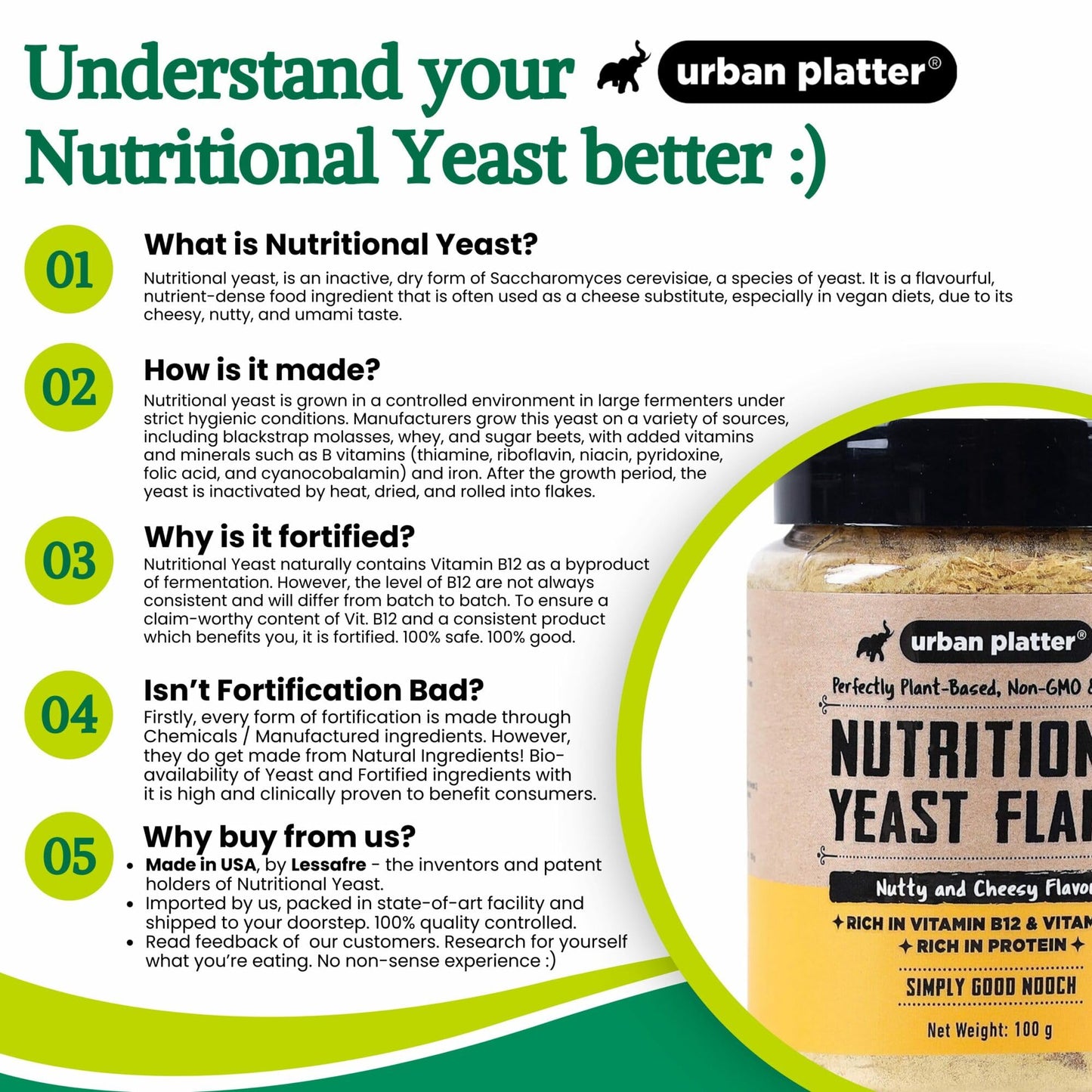 Urban Platter Nutritional Yeast Flakes | 3.53 Oz (100g) | Rich in B Vitamins & Protein | Gluten-Free, Non-GMO, Plant-Based Seasoning | Nutty & Cheesy