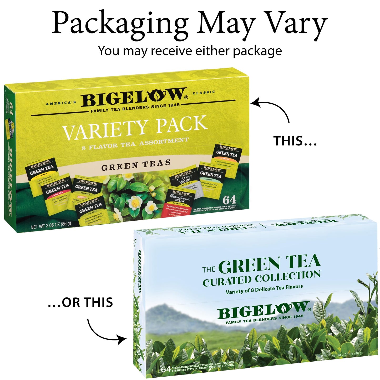 Bigelow Tea Green Tea Assortment, Individually Wrapped Tea Bags with Classic, Decaffeinated, Mint, Peach, Constant Comment, Lemon, Mango, and Earl