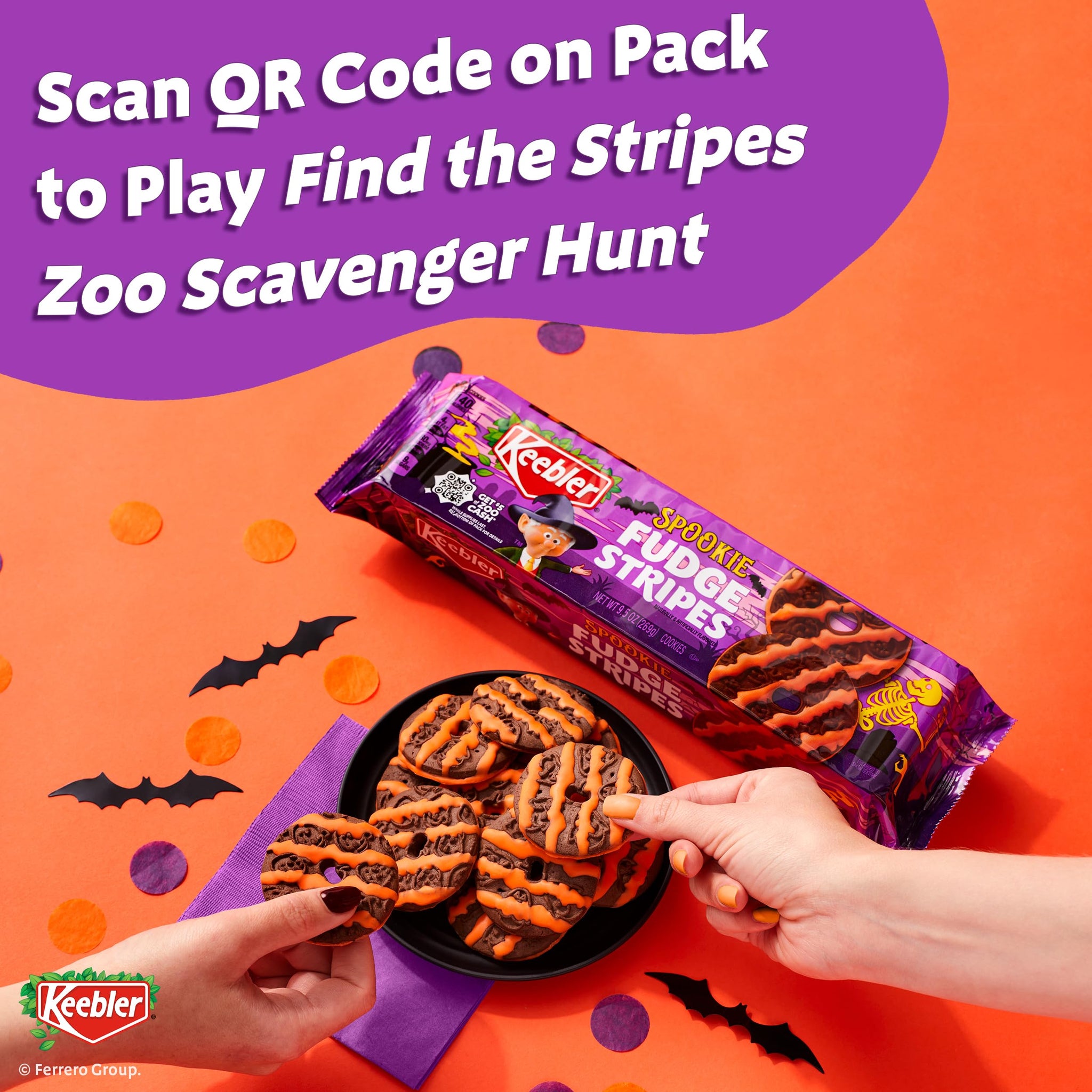 Keebler Spookie Fudge Stripes, Chocolatey Vanilla-Flavored Cookies with Orange Stripes, 9.5 oz Pack