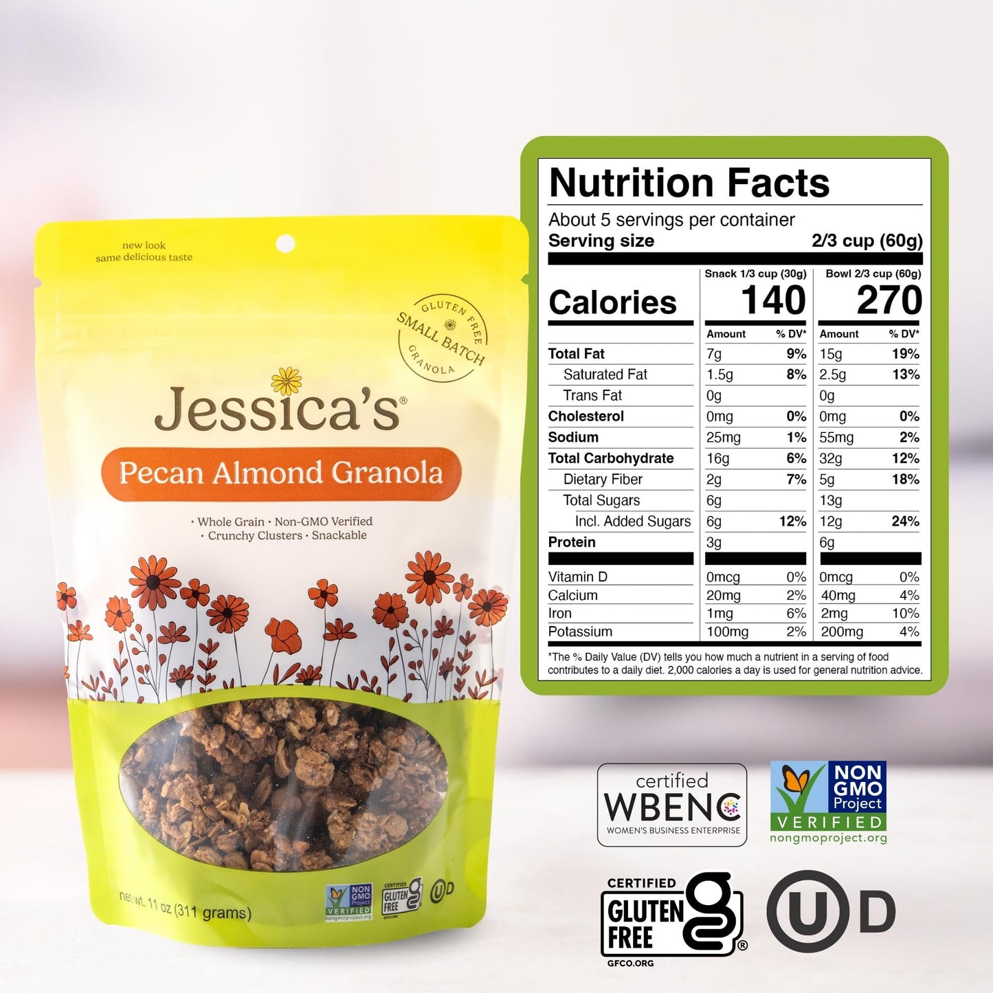 Jessica’s Pecan Almond Granola - Handmade, Non-GMO, Gluten-Free, Whole Grain, 11oz (3 Pack)