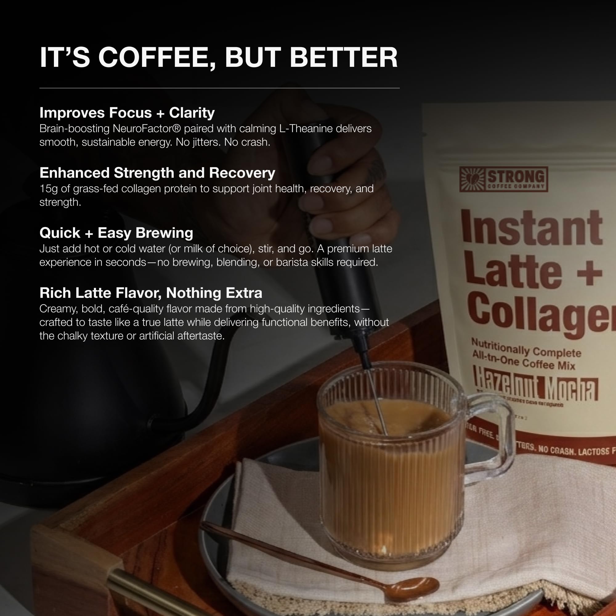 STRONG Coffee Co. Hazelnut Instant Latte | Organic Coffee with Collagen Protein | Lion’s Mane & L-Theanine | Adaptogens & Nootropics | 15 Servings