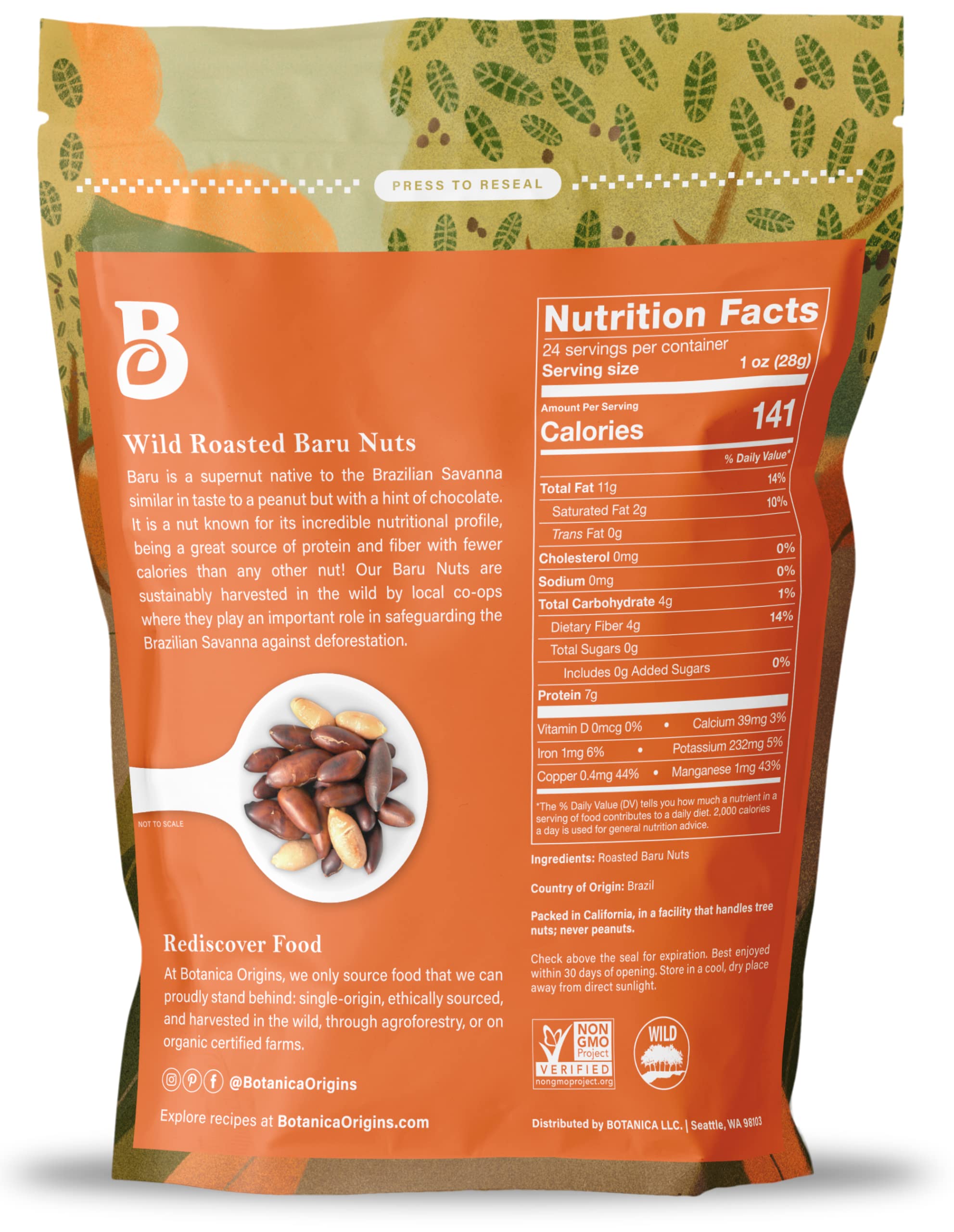 Botanica Baru Nuts, 24 oz | Roasted | Wild | Unsalted | Non-GMO | Vegan, Keto and Paleo Friendly