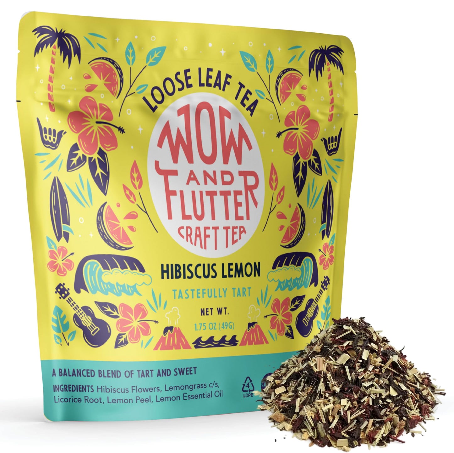 Wow and Flutter Hibiscus Lemon Loose Leaf Herbal Tea | Caffeine-Free Blend with Organic Hibiscus, Lemongrass, Lemon Peel & Oil | Bright Citrus