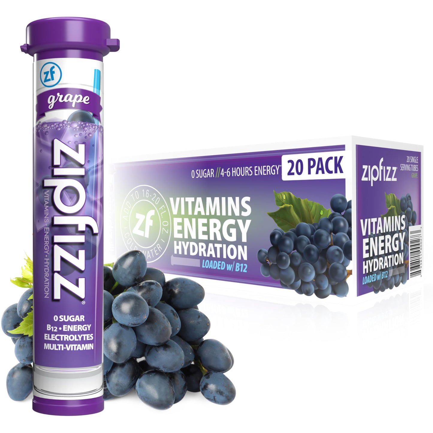 Zipfizz Daily Energy Drink Powder, Grape, 20 Pack | 3-in-1 Sustained Energy, Rapid Hydration, and Essential Vitamins | Sugar-Free | Electrolyte Powder