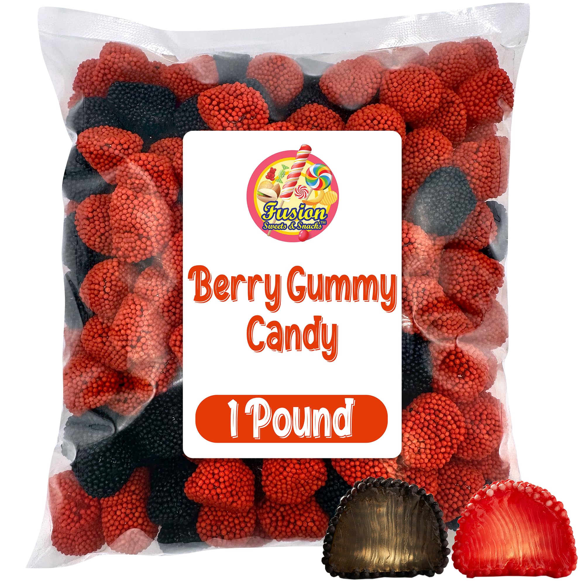 Berries Gummy Candy - 1 Pound Bulk Bag, Crunchy Red And Black Candy - Raspberry And Blackberry Berry Gummies Perfect for Dessert Decorations