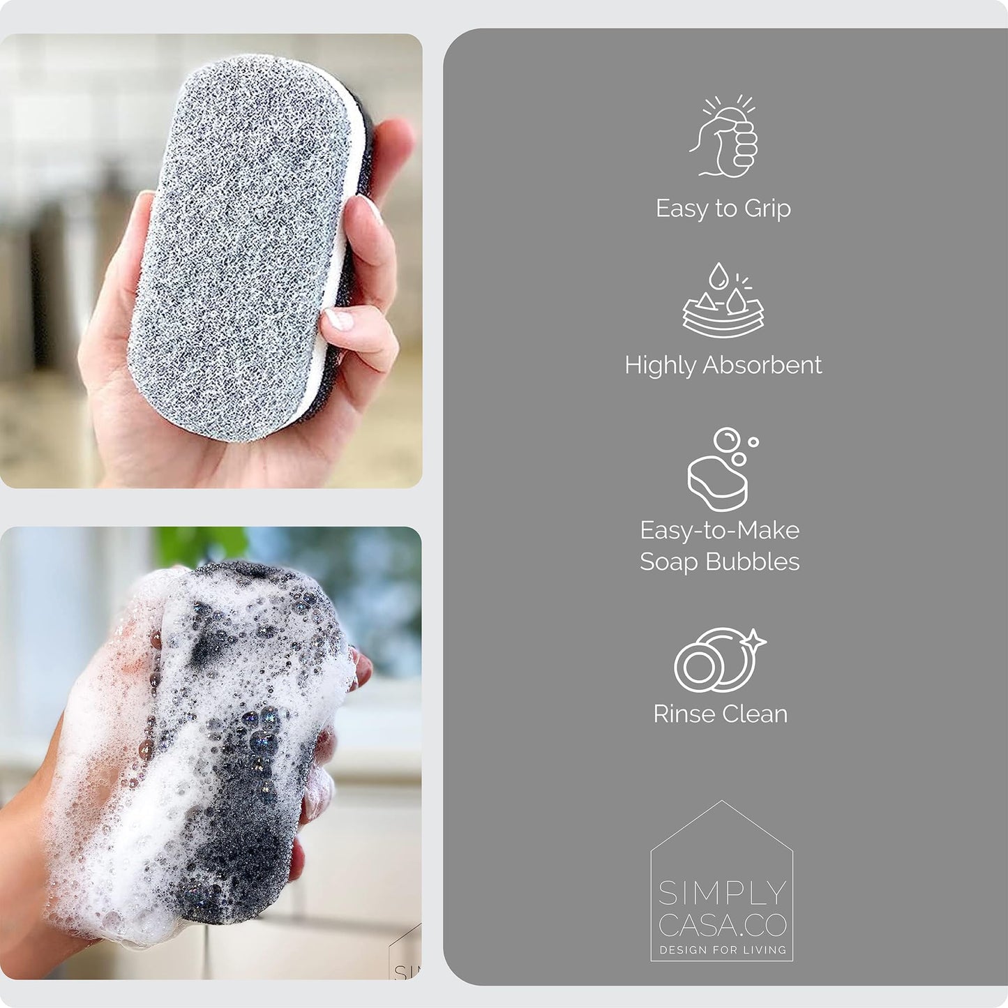 SIMPLYCASA Kitchen Dish Cleaning Sponges - Pack of 6 | Non-Scratch & Fast-Drying | Reusable Scrubbers for Kitchen & Household Use | Stylish Black
