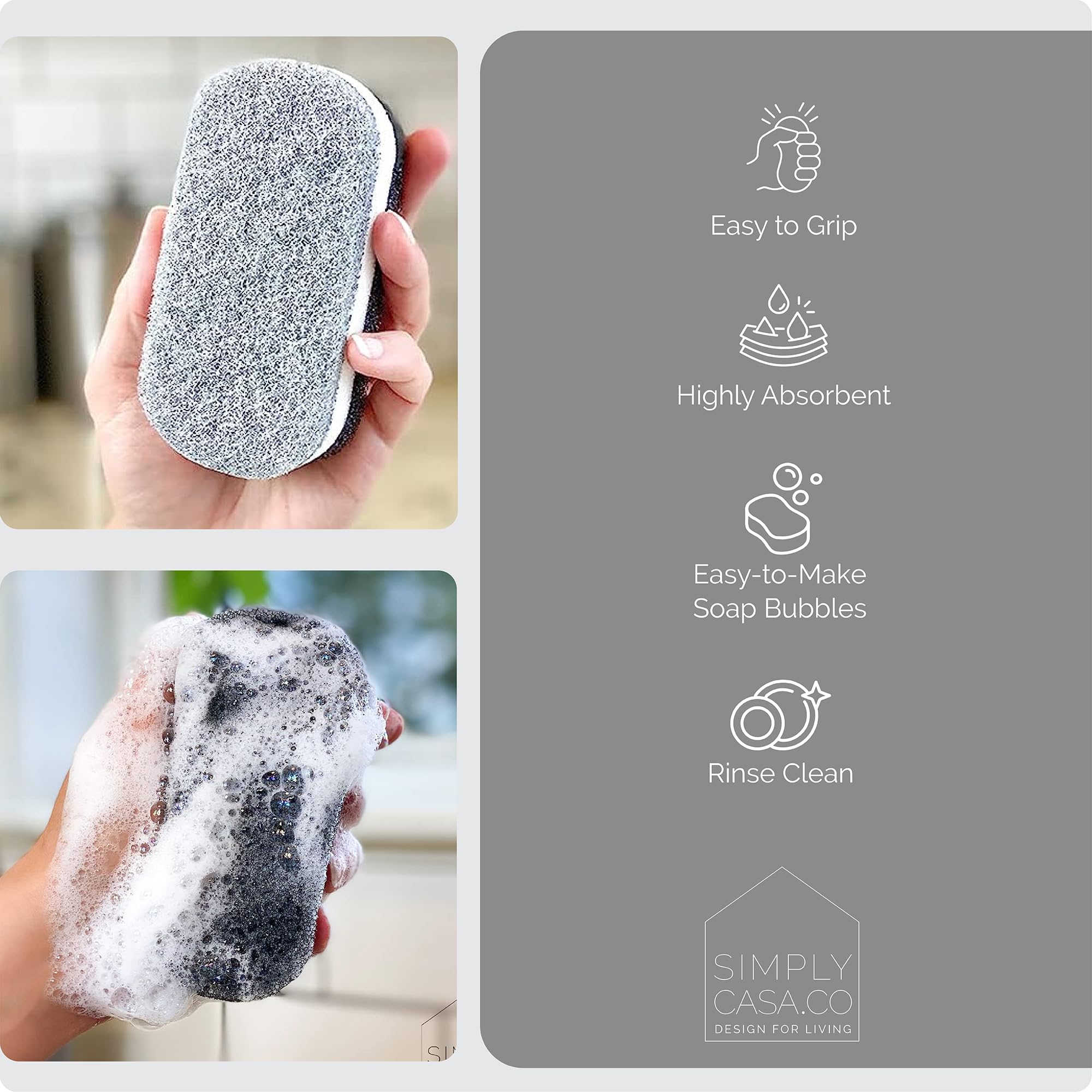 SIMPLYCASA Kitchen Dish Cleaning Sponges - Pack of 6 | Non-Scratch & Fast-Drying | Reusable Scrubbers for Kitchen & Household Use | Stylish Black