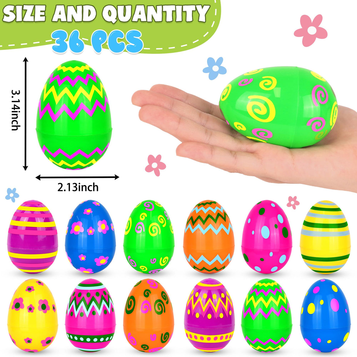 36 PCS 3.1" Plastic Printed Easter Eggs Bulk, Bright Colorful Fillable Empty Easter Eggs Bulks for Egg Hunt, Kids Easter Basket Stuffers Fillers