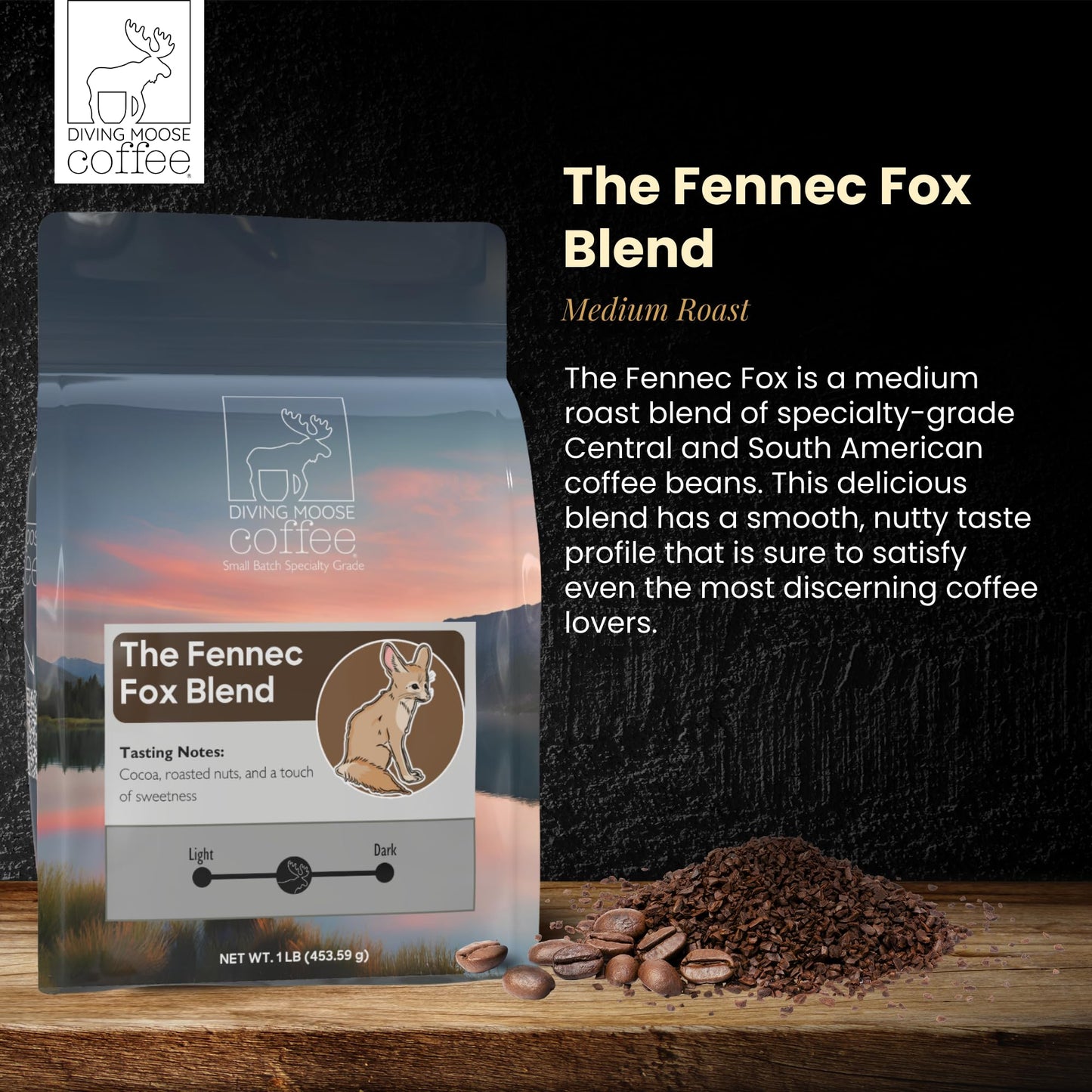Diving Moose Coffee - The Fennec Fox Blend Medium Roast (16oz / 1 LB) - Nutty Cocoa Specialty Grade Small-Batch Roasted to Order Smooth Not Bitter