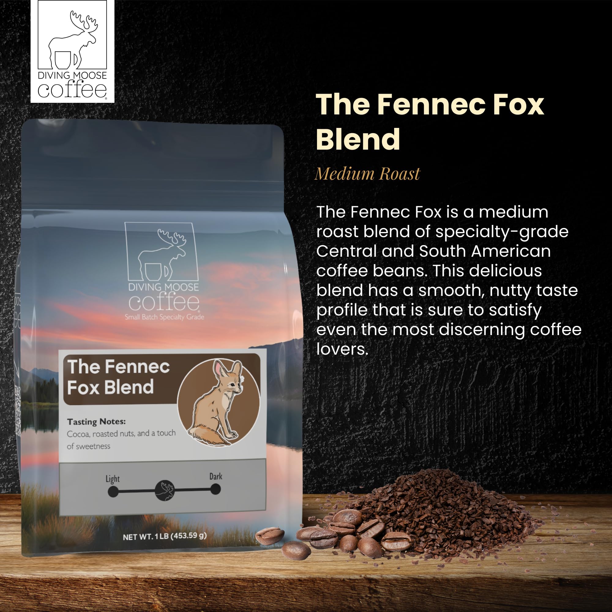Diving Moose Coffee - The Fennec Fox Blend Medium Roast (16oz / 1 LB) - Nutty Cocoa Specialty Grade Small-Batch Roasted to Order Smooth Not Bitter