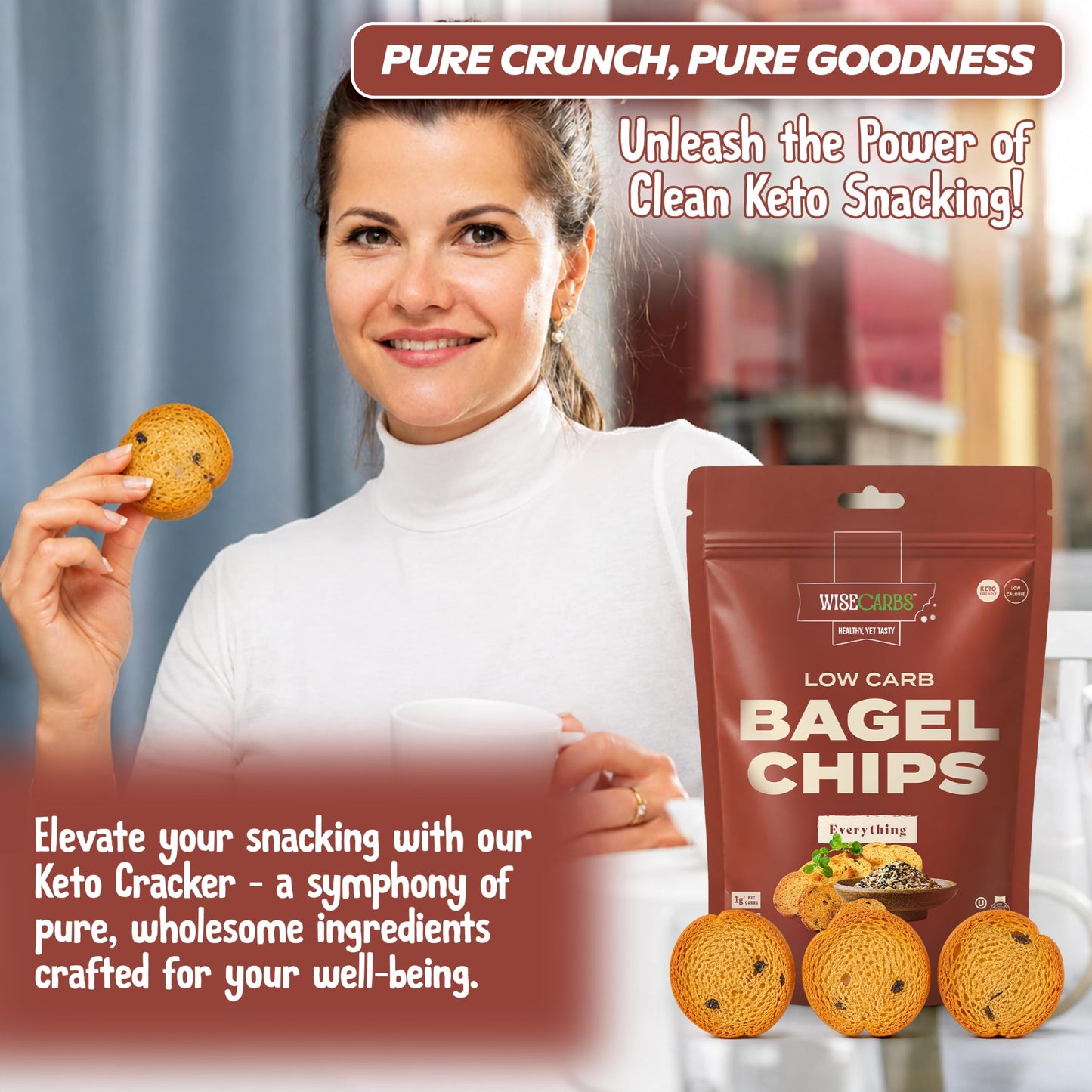 WISECARBS Low-Carb Bagel Chips High Protein Everything Flavor Bagel Chips Keto Crackers Chips - Kosher - Healthy Snacks Low Carb Snacks, Keto Snacks