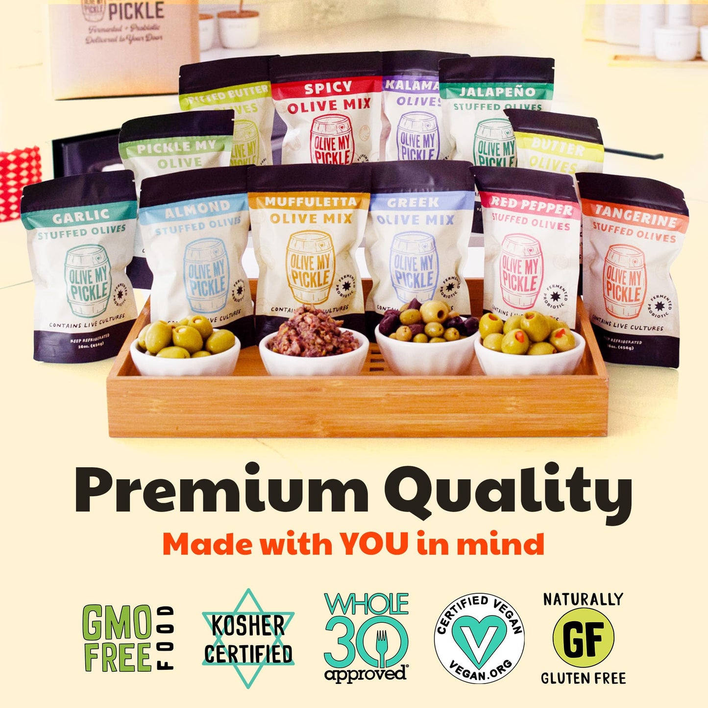 Olive My Pickle Live Culture Probiotic Mixed Olives - 6 Pack Olives Individual Packs of Butter Green Pitted Olives, Red Pepper & Garlic Stuffed Green