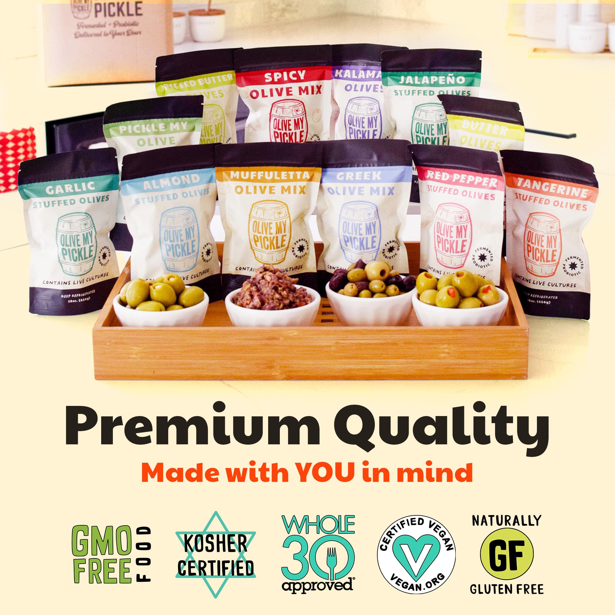 Olive My Pickle Live Culture Probiotic Mixed Olives - 6 Pack Olives Individual Packs of Butter Green Pitted Olives, Red Pepper & Garlic Stuffed Green