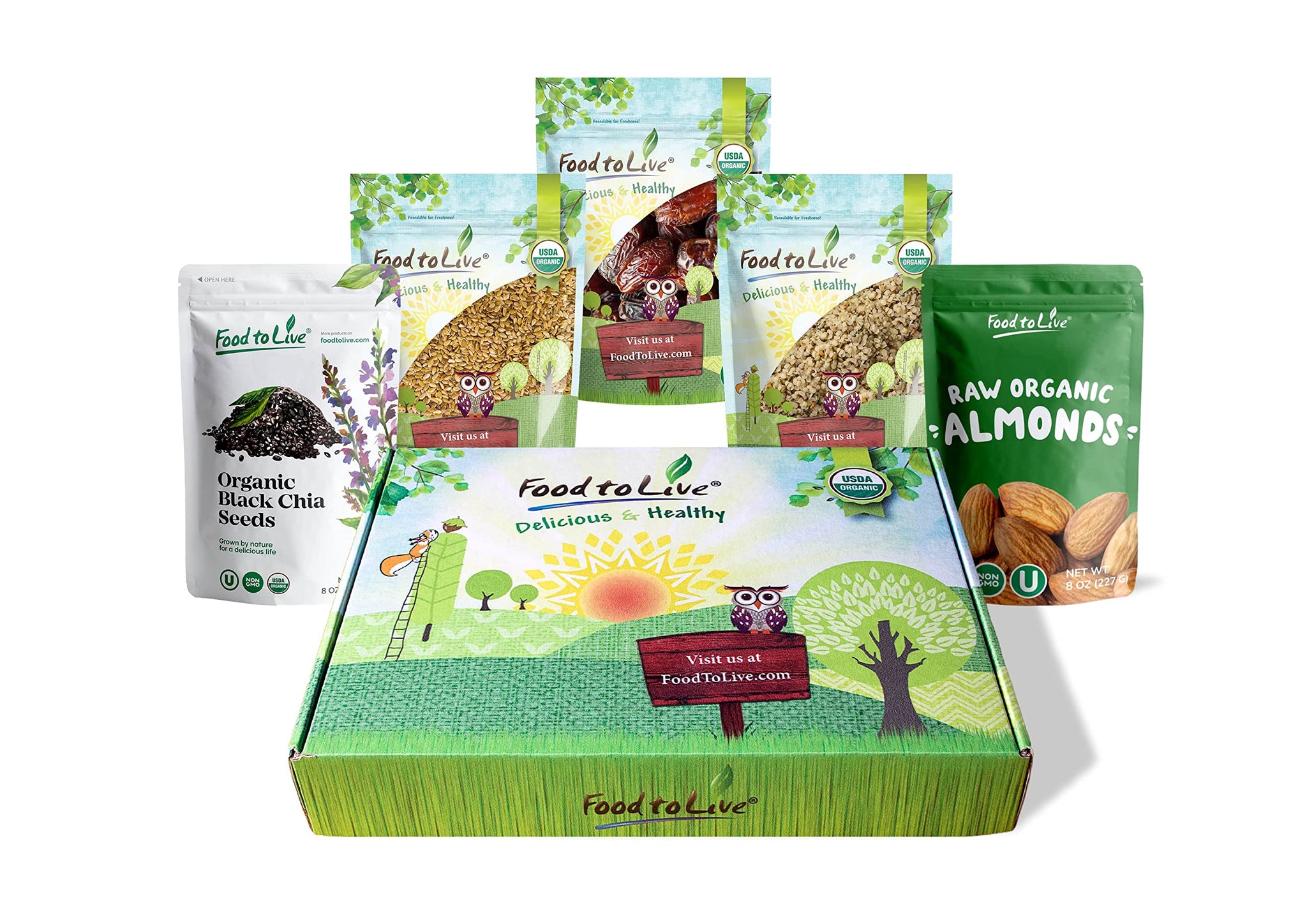 Food to Live - Organic Nuts, Seeds and Fruits in a Gift Box A Variety Pack of Almonds, Chinese Hemp Seeds, Medjool Dates, Chia Seeds and Golden Flax