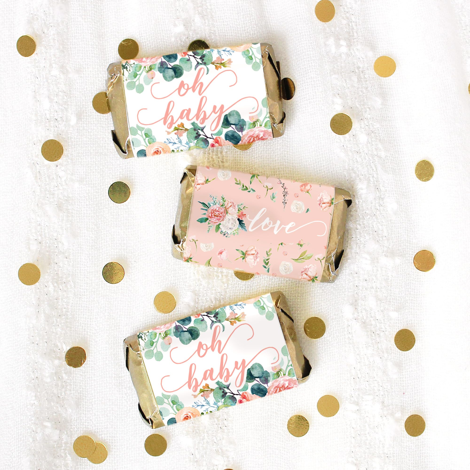 Baby in Bloom Baby Shower Favor Stickers for Miniature Chocolates, Pink Floral Boho Girl Candy Wrappers - 42 Count