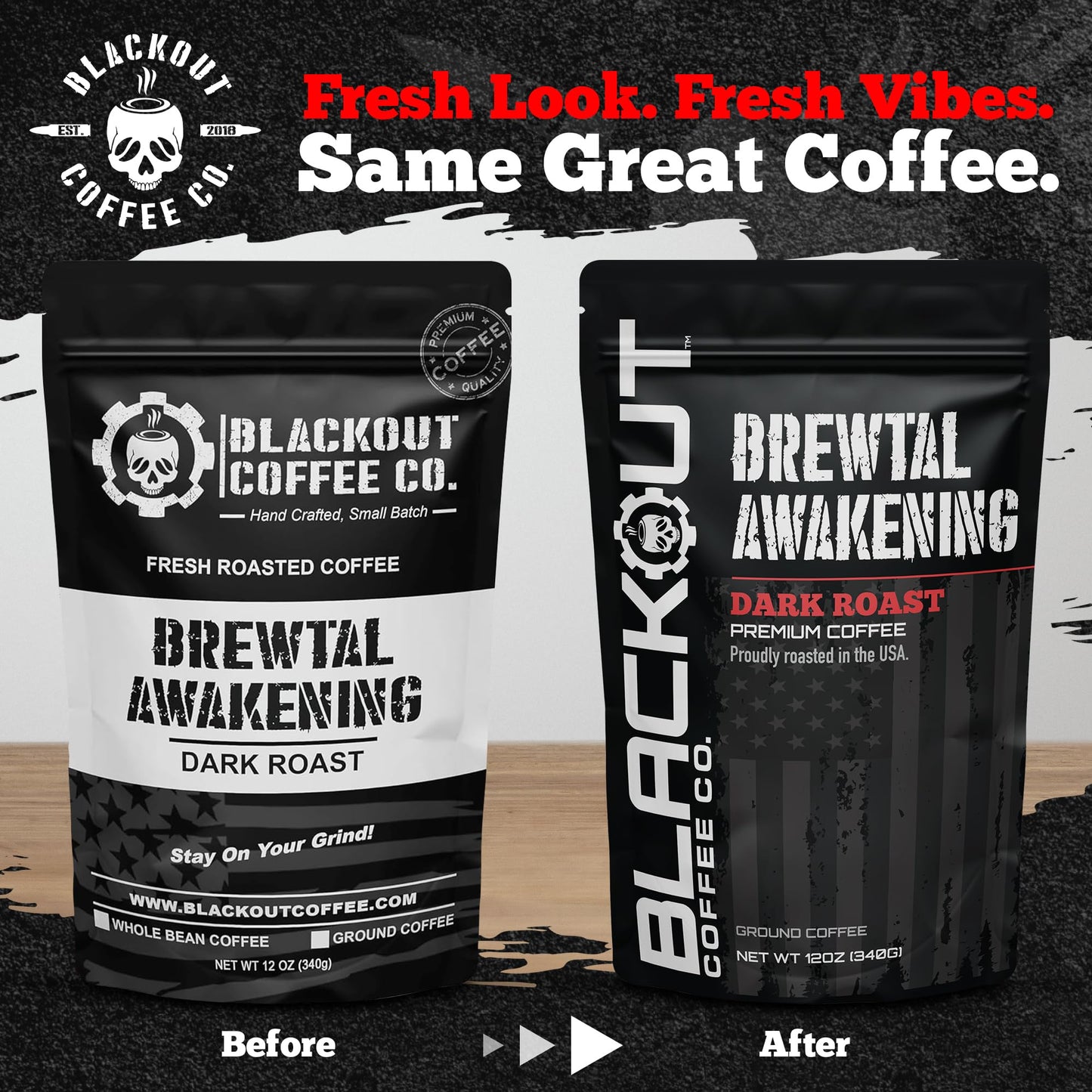 Blackout Coffee Brewtal Awakening Ground Coffee - Dark Roast, Bold Flavor - Freshly Roasted 12oz Bag