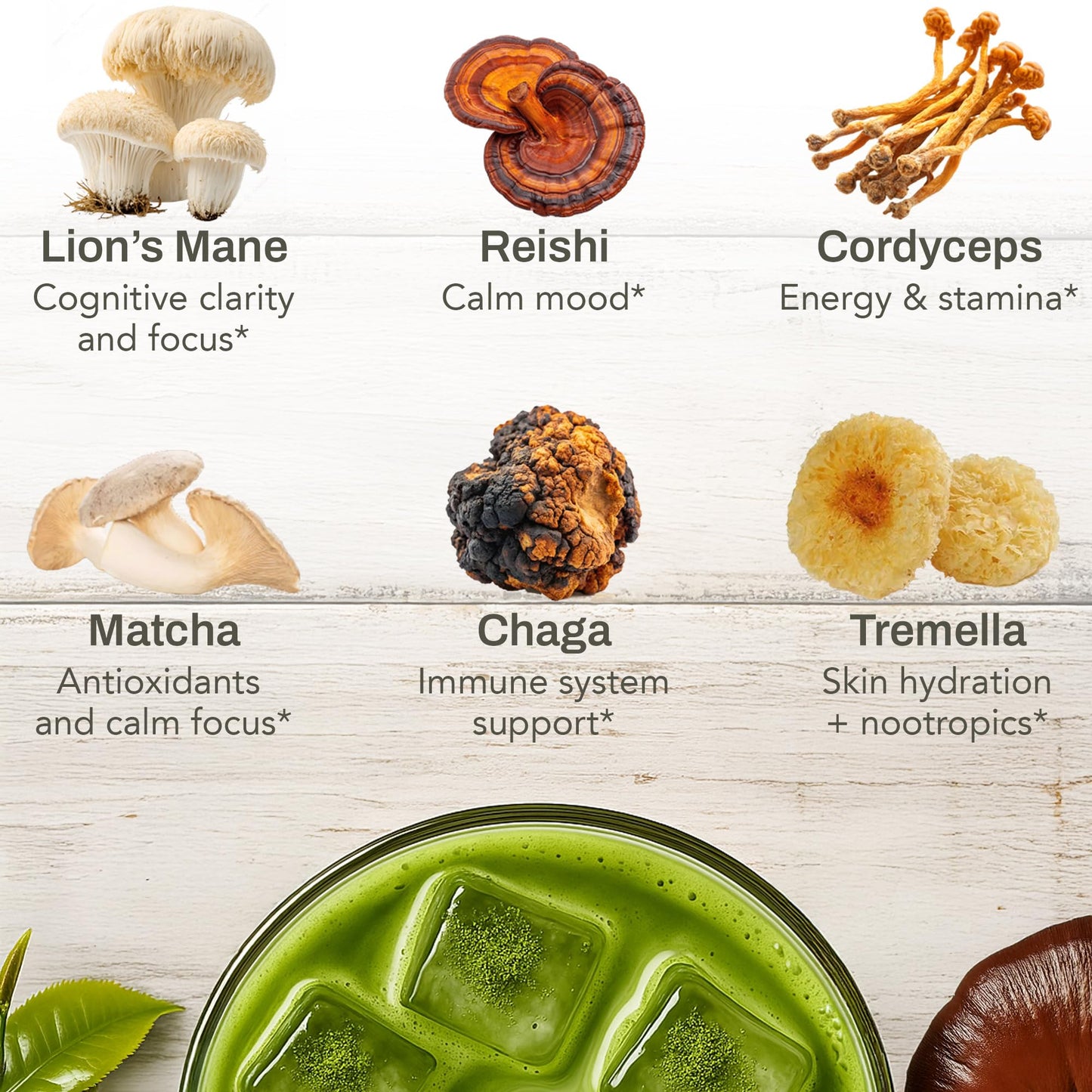 NACLEA Mushroom Matcha Powder - Sugar-Free Japanese Ceremonial Green Tea with Superfood Functional Mushrooms and Hydrolyzed Collagen - Coffee