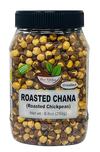 Desi Kitchen Roasted Chana (Chickpeas) Unsalted 8.8oz (250g) PET Jar ~ No Preservatives, Product of India, Great Snack, Ready to Eat