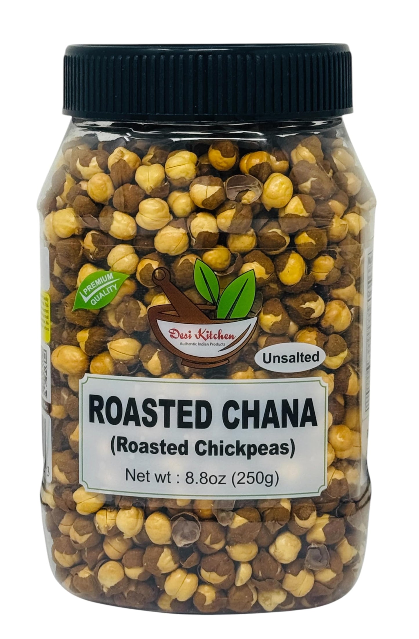 Desi Kitchen Roasted Chana (Chickpeas) Unsalted 8.8oz (250g) PET Jar ~ No Preservatives, Product of India, Great Snack, Ready to Eat