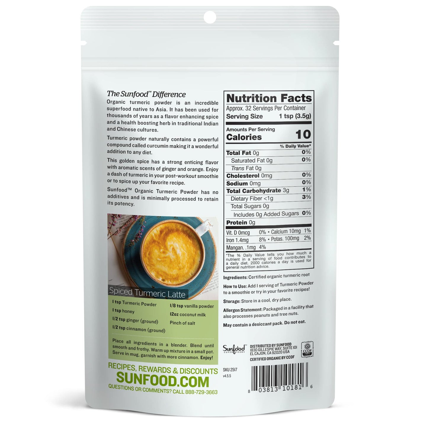 Sunfood Superfoods Organic Turmeric Powder - Ground Turmeric Root Powder, Pure Ground Curcuma Spice, Use for Seasoning, Tea, Golden Milk, Smoothies