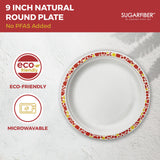 [50 COUNT] Harvest Pack 9" Christmas Paper Plates, Compostable Disposable White Round Dinner Paper Plates with Gold Red Trim, Natural PFAS Free