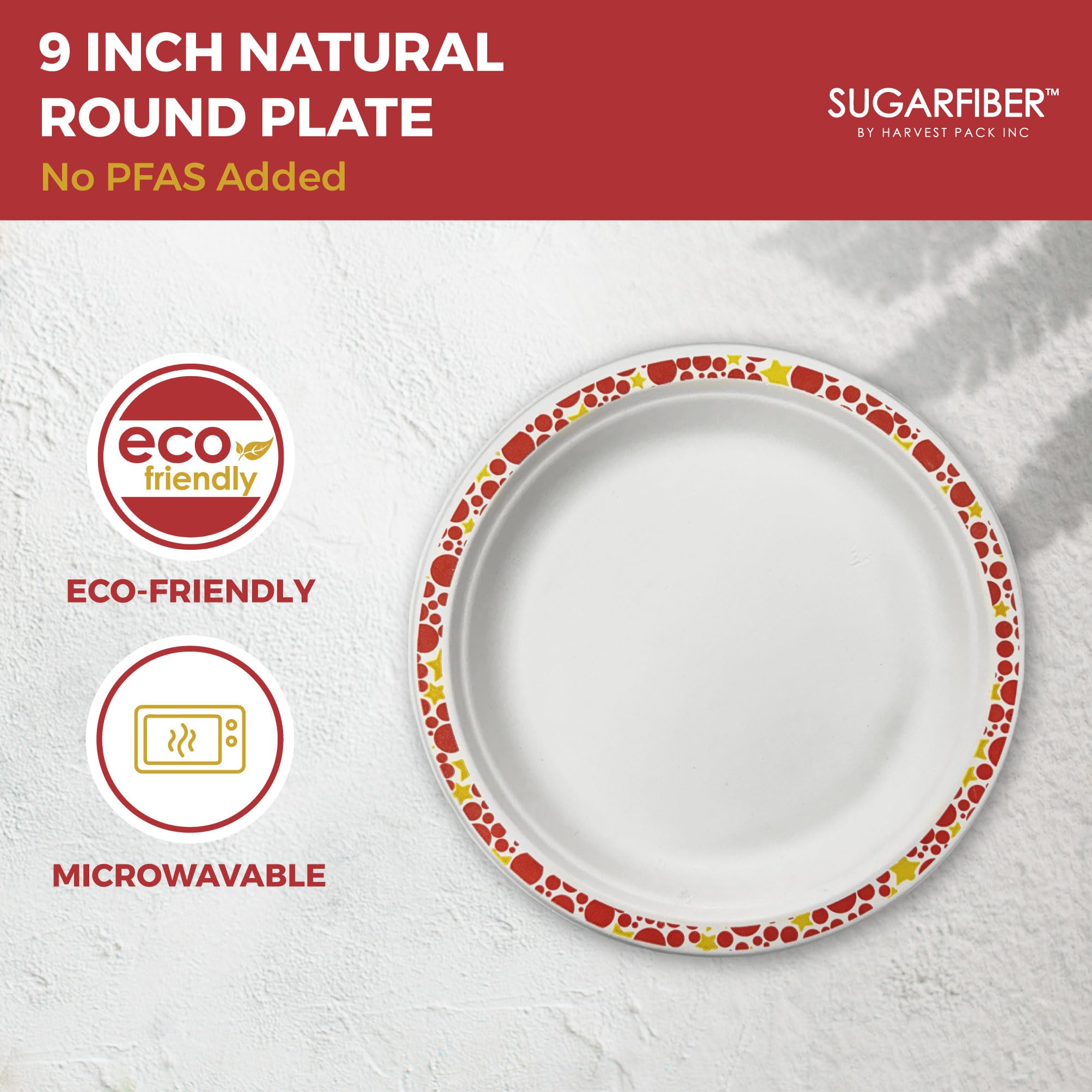 [50 COUNT] Harvest Pack 9" Christmas Paper Plates, Compostable Disposable White Round Dinner Paper Plates with Gold Red Trim, Natural PFAS Free