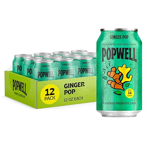 Popwell Ginger Pop Better-For-You Prebiotic Soda, with 6g Fiber, 1g Sugar, Vitamins and Immunity Support, 12 fl oz Cans (pack of 12)